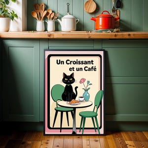 French Cafe Croissant Cat Print | Retro Bistro Coffee Art | Un Cafe Sil Vous Plait Poster