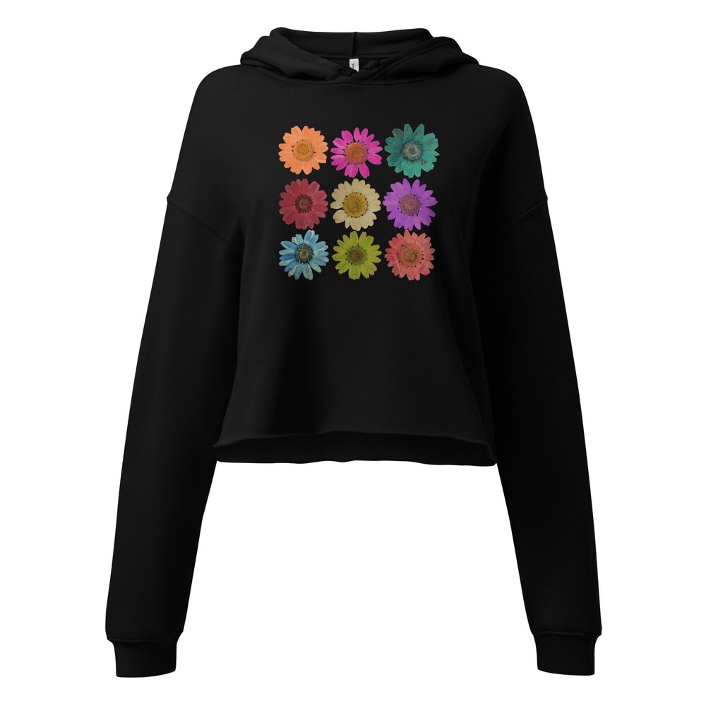 Bright Flowers 3X3 Grid Pattern Crop Hoodie Hooded Sweatshirt