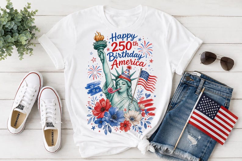 Peut inclure: Un t-shirt blanc &agrave; manches courtes orn&eacute; d'une illustration de la Statue de la Libert&eacute; portant un chapeau de f&ecirc;te et soufflant dans une sarbacane. Le texte indique Happy 250th Birthday America, avec des feux d'artifice, des fleurs et un drapeau.