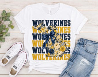 Wolverines Floral Michigan PNG, Navy Gold Game Day Shirt Design, Michigan Football Sublimation, Floral State Bow Digital Download