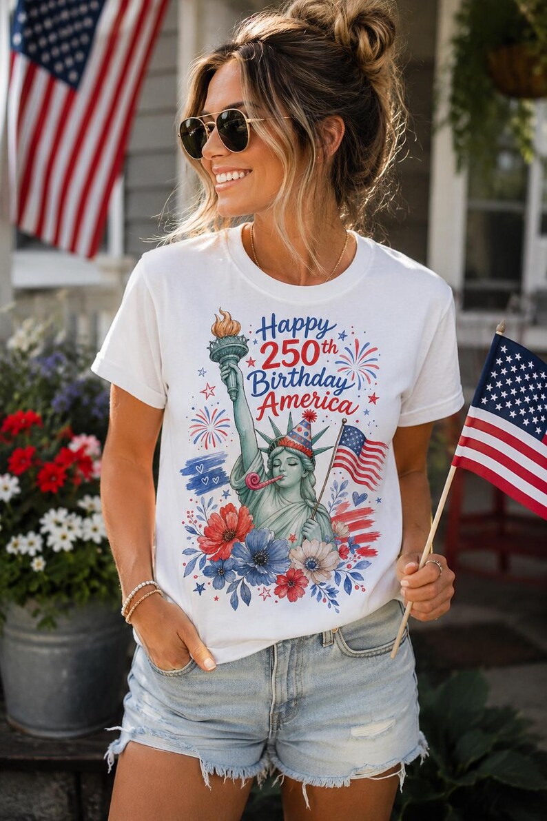 Peut inclure: Un t-shirt blanc &agrave; manches courtes avec un motif repr&eacute;sentant la Statue de la Libert&eacute; portant un chapeau de f&ecirc;te et soufflant dans une sarbacane. Le design inclut des fleurs rouges, blanches et bleues, des feux d'artifice et le texte Happy 250th Birthday America.