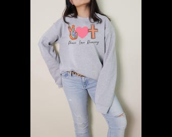 Sudadera de cuello redondo "Paz, Amor, Recuperación" - Ropa gráfica inspiradora