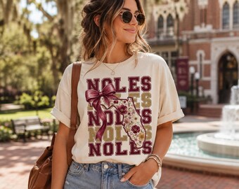 Noles Floral Florida PNG, Garnet and Gold Football Design, Florida State Fan Shirt Graphic, College Game Day Bow Sublimation PNG