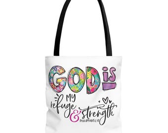 Bolsa de tela inspiradora: "Dios es mi refugio y fortaleza". Un regalo fiel, ideal para uso diario, con versículos bíblicos, cristiana y motivacional.