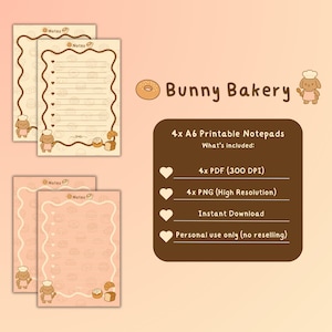 Zestaw cyfrowych notatników Bunny Bakery - A6 urocze, drukowane notatniki