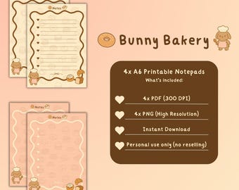 Bunny Bakery Digital Notepad Set - A6 Cute Printable Notepads