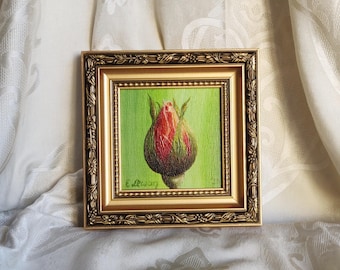 Framed rose oil painting - Small original painting on canvas - Wall decor