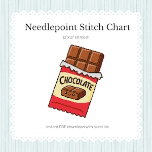 Pode incluir: Gráfico de ponto de cruz com um desenho de barra de chocolate. O gráfico inclui o texto "Needlepoint Stitch Chart" e "12"x12" 18 mesh". A barra de chocolate está em uma embalagem vermelha com a palavra "CHOCOLATE".