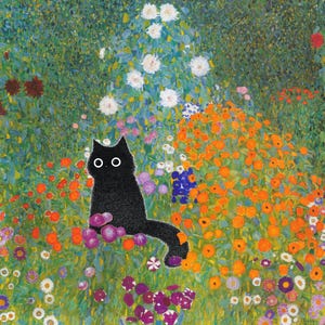 Gustav Klimt tuinkat print, Klimt bloemen kat poster, zwarte kat kunst, bloemenprint, grappige kat print, grappig cadeau, Home decor poster
