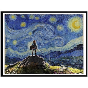 Könnte beinhalten: Gerahmter Kunstdruck, der eine Figur mit Schwert auf einem Felsen vor einem wirbelnden Nachthimmel mit Sternen und einem Halbmond zeigt. Der Stil erinnert an Van Goghs "Sternennacht".