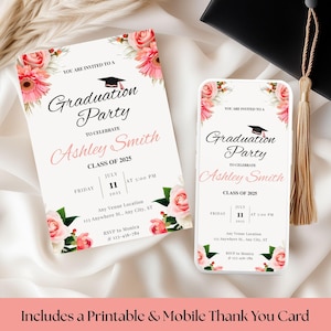 Pink Graduation Invitation, Stylish Editable Grad Party Invite, Floral Digital Download Template