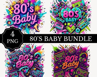 80s Theme PNG Bundle: Nostalgic Colorful Retro 1980s PNG with Neon Cassette Tape Design (Digital Download)