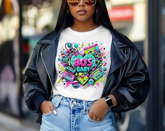 80s Theme Shirt PNG, Nostalgic Colorful Retro 1980s PNG with Neon Cassette Tape and Leopard Print Design, Digital Download