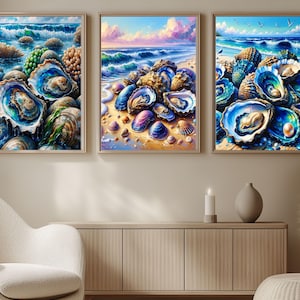 Oyster Wall Art, Set of 3 Prints, Nautical Decor Print, Coastal Living Artwork, Beach House Wall Art, Ocean Inspired Kitchen Decor, Trendy