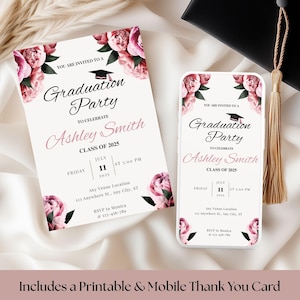 Soft Pink Graduation Invitation, Stylish Editable Grad Party Invite, Floral Digital Download Template