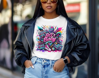 80s Theme Shirt PNG, Nostalgic Colorful Retro 1980s PNG with Neon Cassette Tape and Leopard Print Design, Digital Download