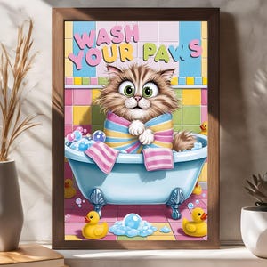 Arte de pared divertido &quot;Lávate las patas&quot;, decoración de baño imprimible, póster de animales adorables, letrero digital con humor para mascotas, impresión de pared para baño infantil