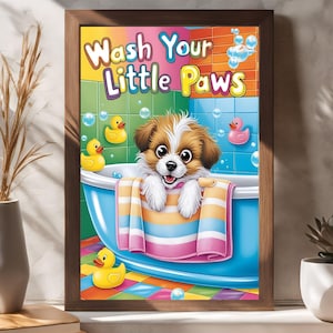Arte de pared divertido &quot;Lávate las patas&quot;, decoración de baño imprimible, póster de animales adorables, letrero digital con humor para mascotas, impresión de pared para baño infantil