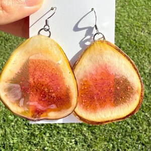 May include: Fig slice earrings with silver-colored hooks. The earrings feature a realistic fig design with a red and brown center, encased in clear resin. The earrings are displayed on a white card against a green grass background.