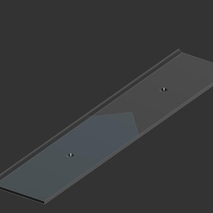 Puede incluir: Una placa de metal larga y rectangular con dos pequeños agujeros. La placa está dividida en dos secciones, una gris oscuro y otra gris claro.