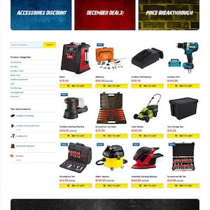 Puede incluir: Una página web con diversas herramientas eléctricas y accesorios. Se muestran artículos como un taladro inalámbrico, un cortacésped y juegos de destornilladores. El sitio tiene secciones para accesorios, ofertas y categorías de productos.