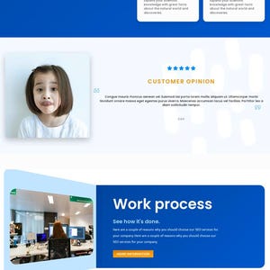 May include: A website homepage for an SEO service company. The website features a blue and white color scheme with a call to action button that says "Get a Quote". The website also features a section on plans with monthly and yearly pricing options. The website also features a section on why to choose their services, a section on their work process, and a section on how they can help you get more traffic and sales.
