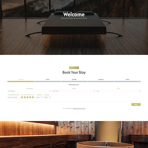 Puede incluir: Un sitio web para una casa de huéspedes con un formulario de reserva y una foto de una sauna con un cubo de madera y piedras.