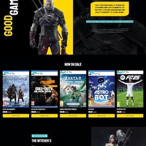 Op de afbeelding: Een schermafbeelding van een website die een selectie videogames te koop aanbiedt. De games omvatten God of War Ragnarok, Call of Duty Black Ops 4, Avatar Frontiers of Pandora, Astro Bot en EA Sports FC 25. De website bevat ook een banneradvertentie voor een videogame-sjabloon.
