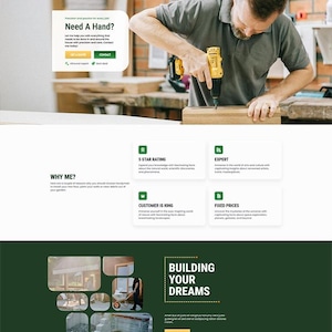 Puede incluir: Una página de inicio de un sitio web para un servicio de manitas. El sitio web presenta una foto de un hombre usando un taladro, una sección titulada "¿Por qué yo?" con cuatro razones para elegir este servicio, y una sección titulada "Construyendo tus sueños" con una foto de un patio trasero.