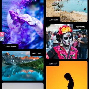Puede incluir: Una página de inicio de sitio web con un fondo negro e imágenes coloridas. El sitio web es para un blog de viajes. Las imágenes incluyen una mano cubierta de polvo morado, una escena de playa, una mujer con maquillaje del Día de los Muertos, un lago de montaña, una silueta de una persona contra una puesta de sol amarilla y una duna de arena.