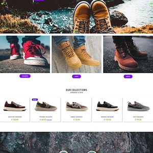 Puede incluir: Una página de inicio de sitio web para una tienda de zapatos llamada Sneakeroty. El sitio web presenta una variedad de zapatillas, que incluyen botas de senderismo, zapatillas de skate y zapatillas casuales. El sitio web también presenta una sección de venta.