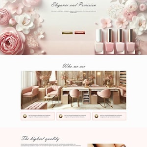 Puede incluir: Un sitio web para un salón de manicura con el texto "Nail Salon" y "Elegancia y precisión" en la página de inicio. El sitio web presenta imágenes de uñas manicuradas, botellas de esmalte de uñas y un interior de salón.