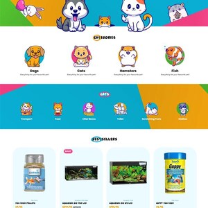 Puede incluir: Página de inicio de un sitio web para una tienda de suministros para mascotas llamada "Paw Prints". El sitio web presenta un perro, un gato, un hámster y un pez de dibujos animados. El sitio web también presenta una sección para los más vendidos, que incluye pellets de comida para peces, un acuario y un producto de comida para peces guppy.