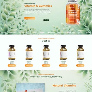 Puede incluir: Una página de inicio de sitio web para una empresa que vende vitaminas y suplementos. El sitio web ofrece una variedad de productos, que incluyen gomitas de vitamina C, vitamina D3, vitamina C, vitamina B12 y vitamina B. El sitio web también ofrece una sección sobre vitaminas naturales, que están hechas con ingredientes puros de la naturaleza. El sitio web está diseñado para ser fácil de usar e informativo.