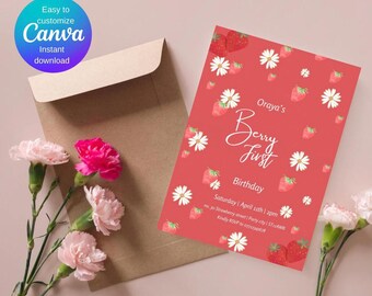 invitation numérique premier anniversaire, thème baies, invitation modifiable, téléchargement immédiat, modèle numérique