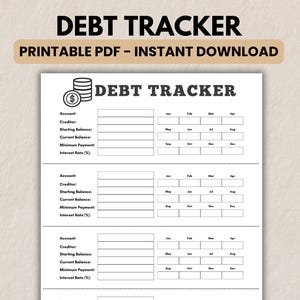 Può includere: Un tracker del debito PDF stampabile con un design pulito e minimalista. Il documento presenta sezioni per tenere traccia dei dettagli dell'account, delle informazioni sul creditore, dei saldi iniziali e correnti, dei pagamenti minimi e dei tassi di interesse. Il titolo "DEBT TRACKER" è visualizzato in modo prominente.