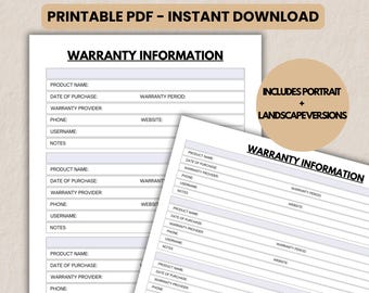 Warranty Tracker Printable, Warranty Information Sheet, Home Appliances Organizer, Household Warranty Log, Home Inventory, Household Binder