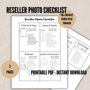 Op de afbeelding: Een afdrukbare PDF-fotochecklist voor wederverkopers met secties voor T-shirts & Tops, Jeans & Broeken, Jurken en Jassen & Buitenkleding. De tekst "PRINTABLE PDF - INSTANT DOWNLOAD" is zichtbaar.