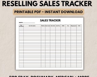 May include: A printable PDF sales tracker with the text "RESELLING SALES TRACKER" and "SALES TRACKER". The document includes fields for item description, date sold, and profit. The text "FOR EBAY, POSHMARK, MERCARI + MORE" is also visible.