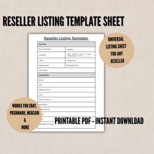 Puede incluir: Una hoja de plantilla de listado de revendedor en PDF imprimible con el texto "Reseller Listing Template". La hoja incluye campos para el título del artículo, la condición y los detalles del listado. El texto en la imagen incluye "Works for eBay, Poshmark, Mercari & More" y "Universal Listing Sheet for Any Reseller."