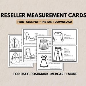 Puede incluir: Tarjetas de medición para revendedores en PDF imprimible con diagramas para prendas como chaquetas, zapatos, faldas, vestidos y pantalones. Incluye texto: "Reseller Measurement Cards" y "Printable PDF - Instant Download". También incluye texto: "For eBay, Poshmark, Mercari + More".