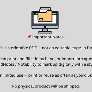 May include: Digital printable PDF with a computer icon and a folder on the screen. The text reads "Important Notes: This is a printable PDF - not an editable, type-in form." The document can be printed or used in apps like GoodNotes.