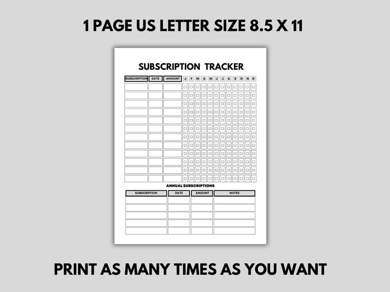 Subscription Tracker Printable, Monthly Subscription Log, Recurring ...
