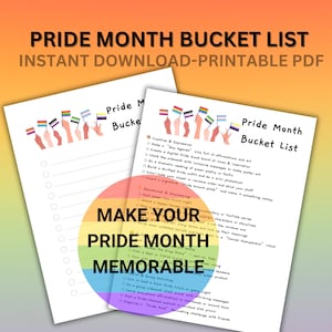 Può includere: Due pagine PDF stampabili bianche con una lista di cose da fare per il Pride Month. Il testo "Pride Month Bucket List" è in alto. Le parole "Make Your Pride Month Memorable" sono in un cerchio arcobaleno.