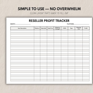 Mockup of the Reseller Profit Tracker with heading “Simple to use — no overwhelm” and subtext about clean layout that’s quick to fill out.