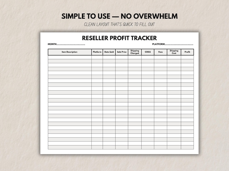 Mockup of the Reseller Profit Tracker with heading “Simple to use — no overwhelm” and subtext about clean layout that’s quick to fill out.