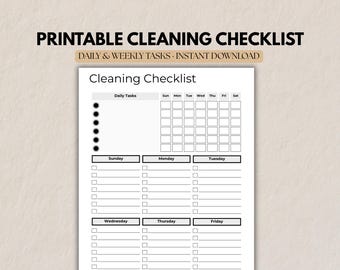 Può includere: Un elenco di controllo delle pulizie stampabile con il titolo "PRINTABLE CLEANING CHECKLIST". L'elenco include sezioni per attività giornaliere e settimanali, con spazi per spuntare le attività completate per ogni giorno della settimana.