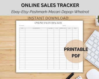May include: A printable PDF online sales tracker with a grid layout for tracking sales data. The document includes fields for date, item description, sale price, costs, shipping costs, fees, and profit. The text "ONLINE SALES TRACKER" is at the top.