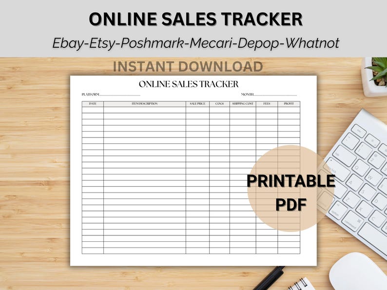 Printable Online Sales Tracker for Resellers - Instant Download PDF. Track your sales, costs, and profits across multiple platforms, including eBay, Etsy, Poshmark, Mercari, Depop, and Whatnot. Perfect for small business owners, resellers, and e-commerce sellers looking to stay organized