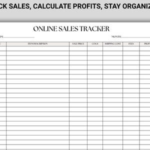 Puede incluir: Una hoja imprimible en blanco de Online Sales Tracker con el texto "TRACK SALES, CALCULATE PROFITS, STAY ORGANIZED" en la parte superior. La hoja incluye campos para la fecha, la descripci&oacute;n del art&iacute;culo, el precio de venta, los COGS, el costo de env&iacute;o, las tarifas y las ganancias.